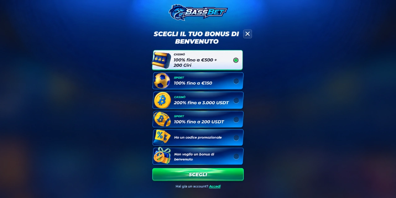 BassBet Casino registrazione scelta bonus di benvenuto Italia